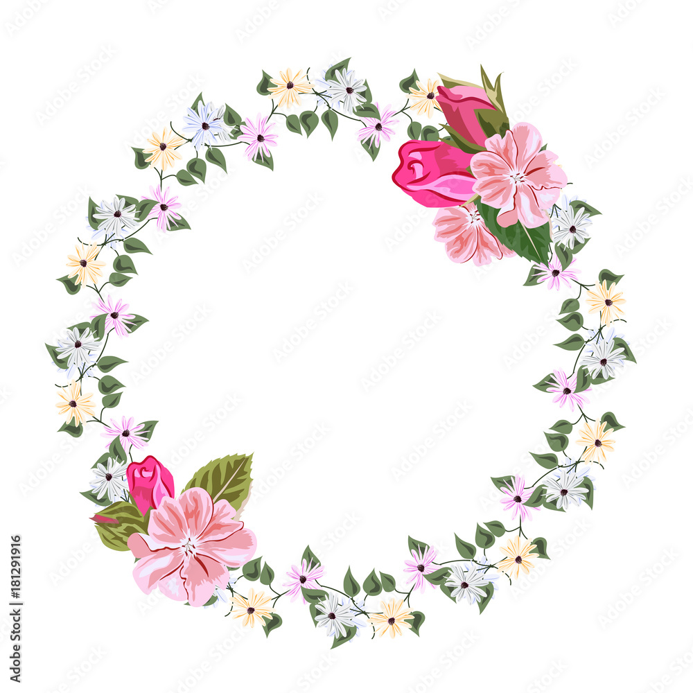 Vintage floral wreath with simple wildflowers and roses. Template for greeting cards, invitations, weddings, Valentine's Day, birthdays. Vector illustration drawn by hand. Isolated on white background