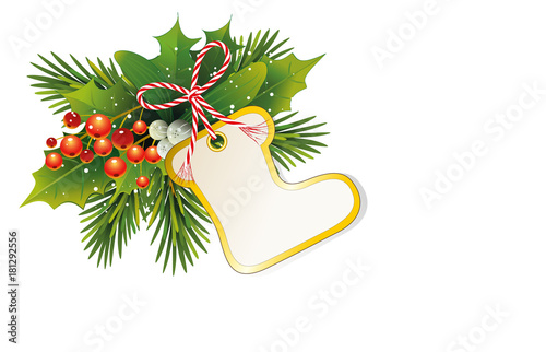Weihnachtskarte mit Tannenzweige, Ilex und Misteln Beeren 
und Weihnachtsmann Stiefel Karte zum beschriften,
Geschenkanhänger und Schleife, 
Vektor Illustration isoliert auf weißem Hintergrund