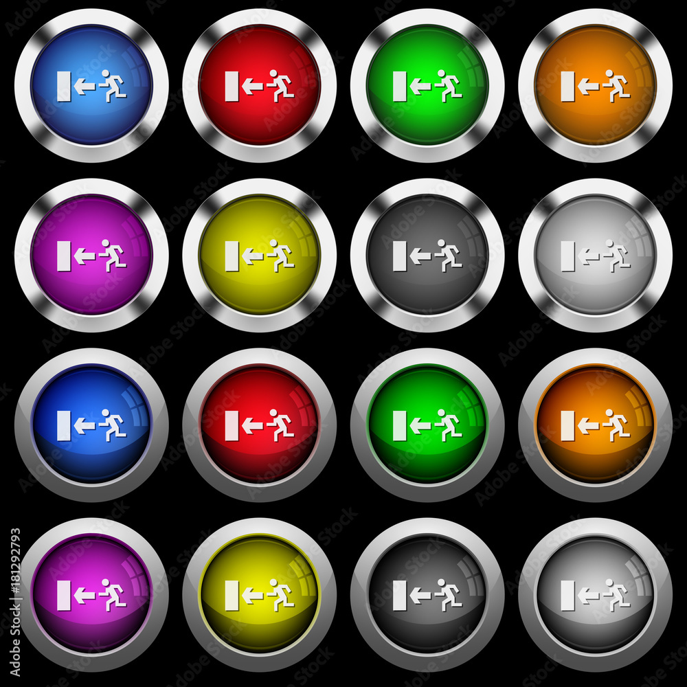 Exit sign white icons in round glossy buttons on black background Exit sign white icons in round glossy buttons on black background