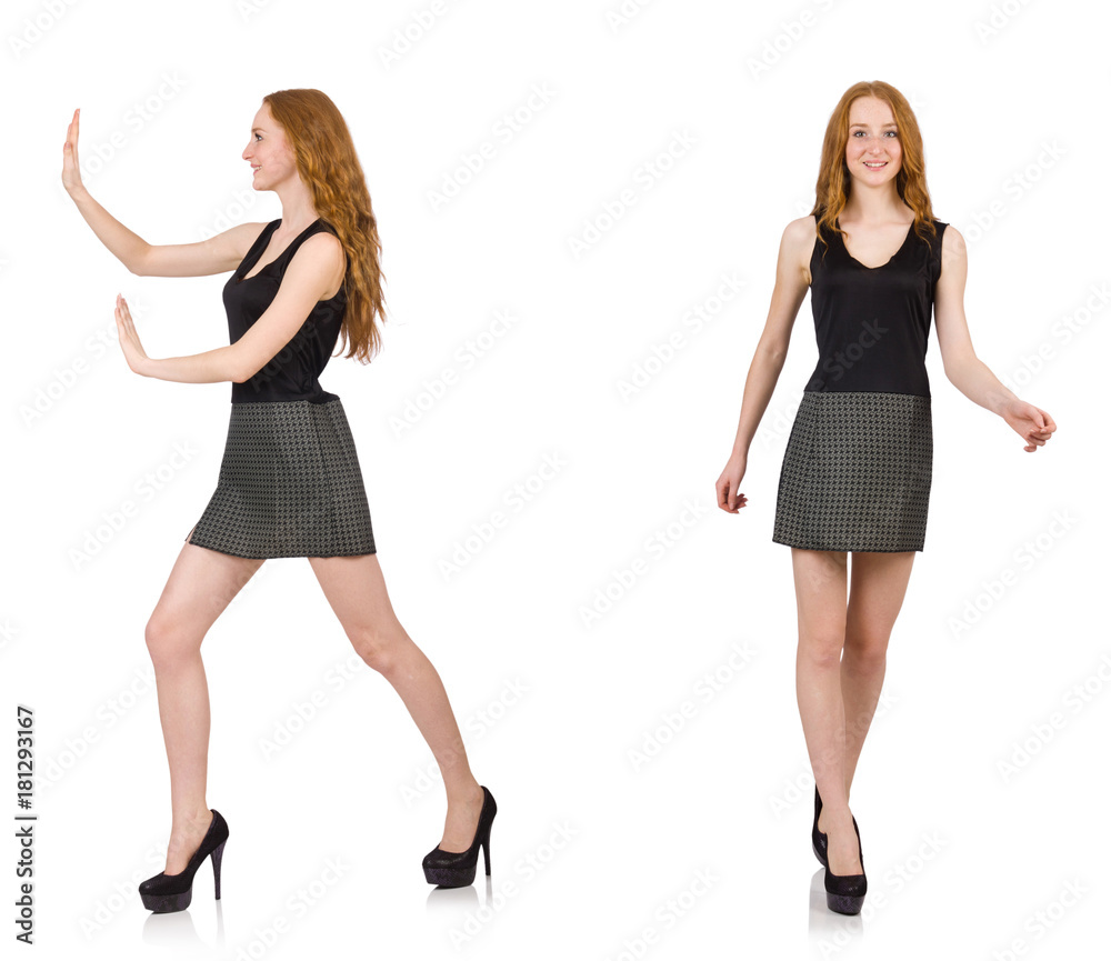 Red hair girl in gray dress isolated on white Red hair girl in gray dress isolated on white