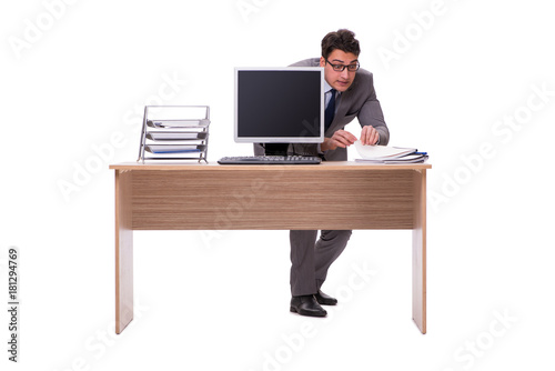 Businessman hiding in the office isolated on white