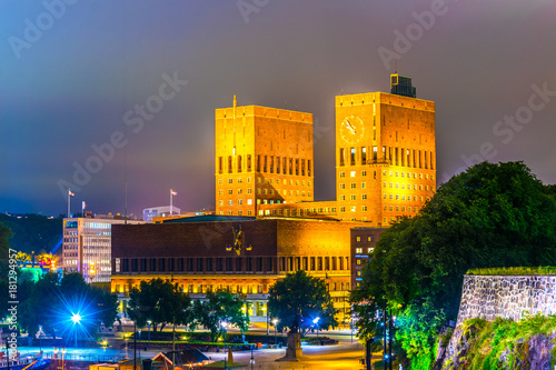 Night view of the port islo dominated by the town hall, Norway photo