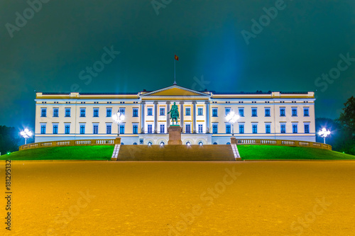 Photography Night view of the Royal Palace in Oslo, the capital of Norway