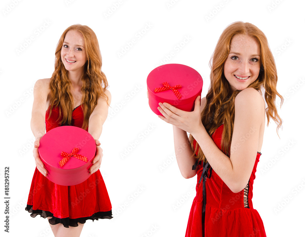 Pretty girl in red dress with casket isolated on white Pretty girl in red dress with casket isolated on white