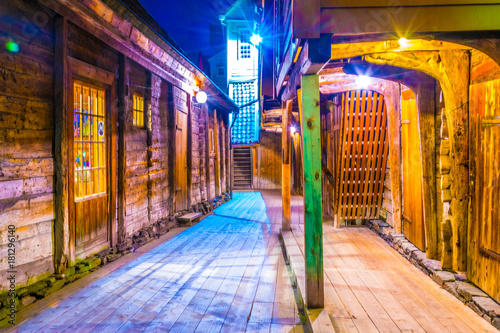 Detail of a wooden street in the historical district Bryggen in Bergen, Norway.