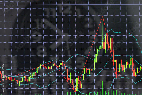 Candle stick graph chart with indicator showing bullish point or bearish point, up trend or down trend of price of stock market or stock exchange trading, investment concept.