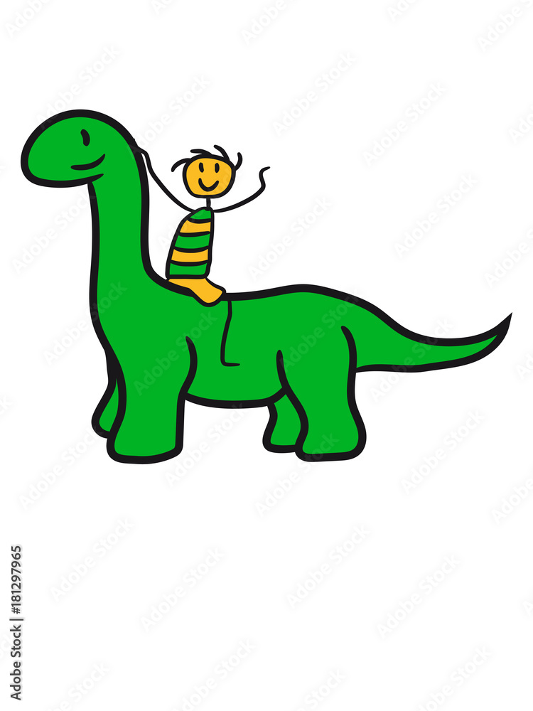 Fototapeta premium junge spaß reiten spielen freunde pferd langhals hals lang süß niedlich klein kinder groß comic cartoon dinosaurier saurier dino