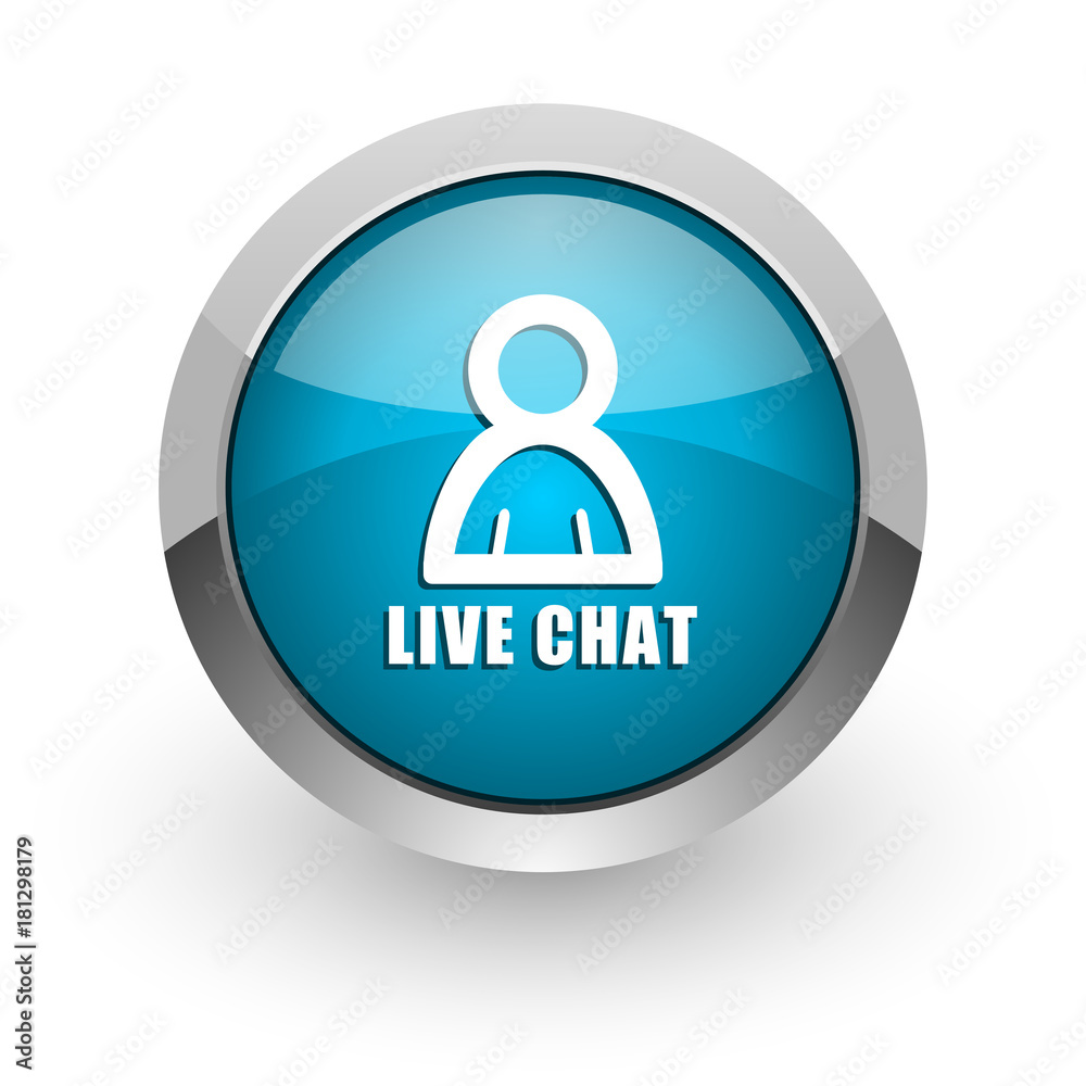 Live chat blue silver metallic chrome border web and mobile phone icon on white background with shadow Live chat blue silver metallic chrome border web and mobile phone icon on white background with shadow