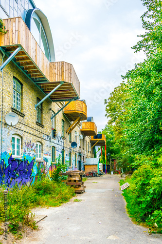 Photography View of the Christiania neighborhood in Copenhagen, Denmark.