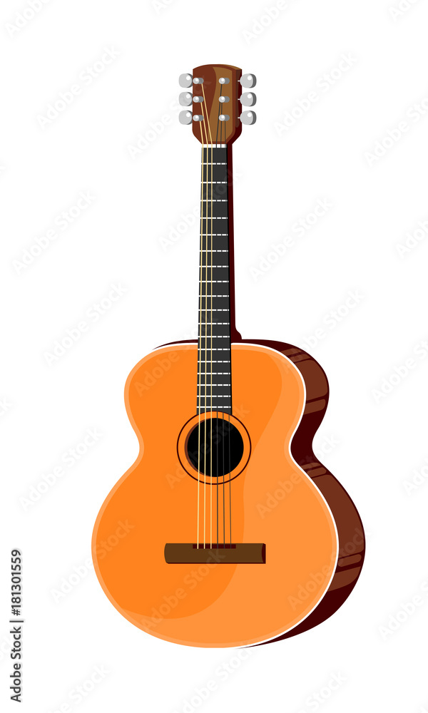 Classical Guitar. Flat Design Vector Illustration Of Hand Drawn Acoustic Guitar