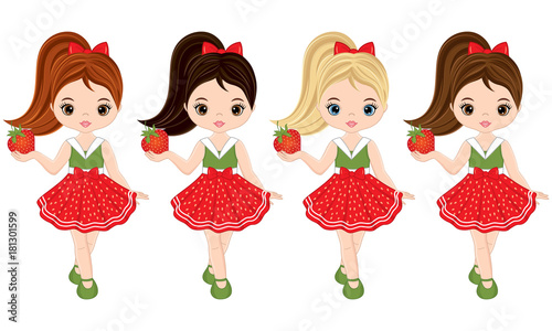 Vector Cute Little Girls with Strawberries