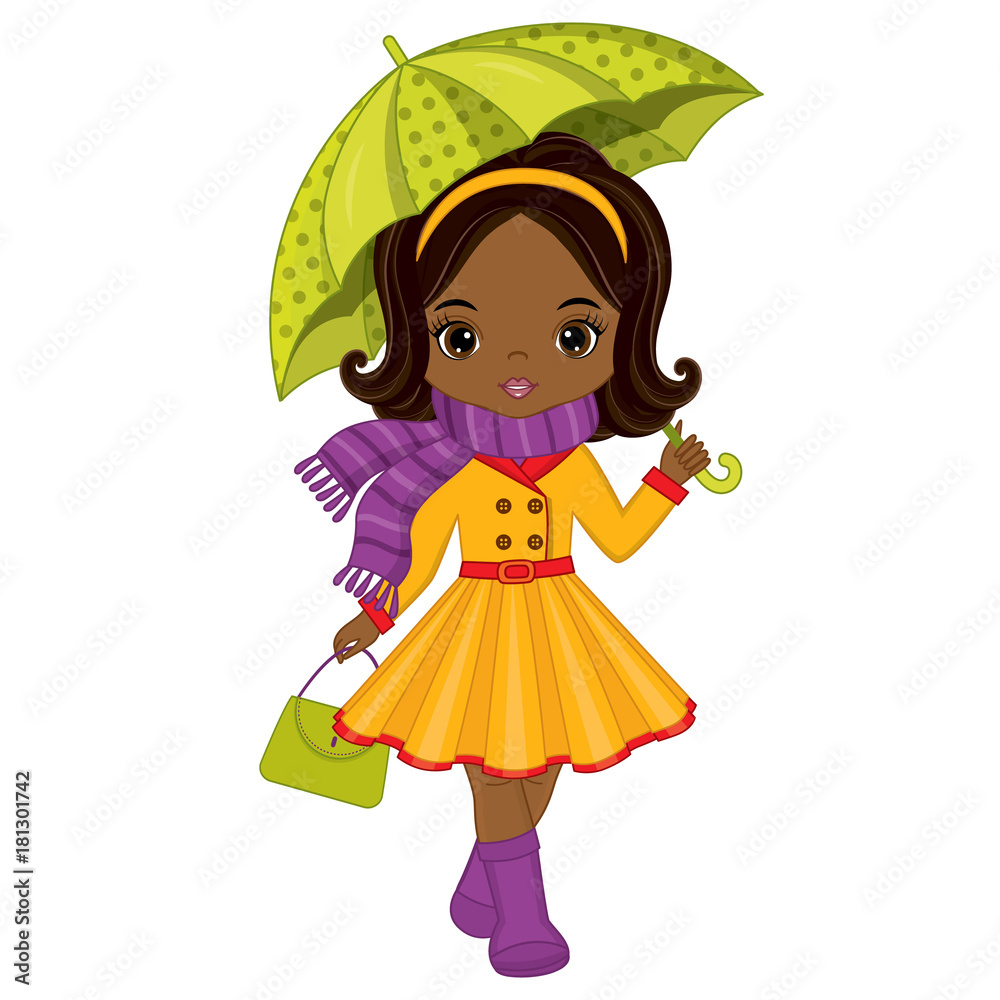 Vector Cute Little African American Girl with Umbrella and Handbag ...