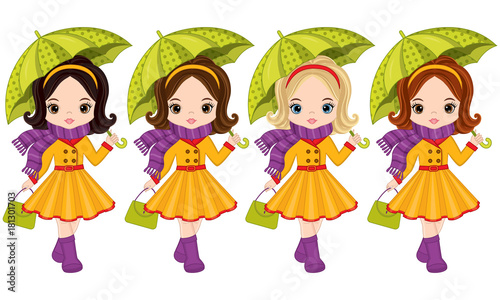 Vector Cute Little Girls with Umbrellas and Handbags