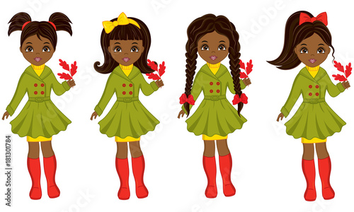 Vector Beautiful Young African American Girls with Autumn Oak Leaves