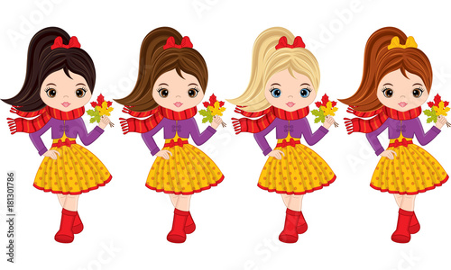 Vector Cute Little Girls with Autumn Leaves