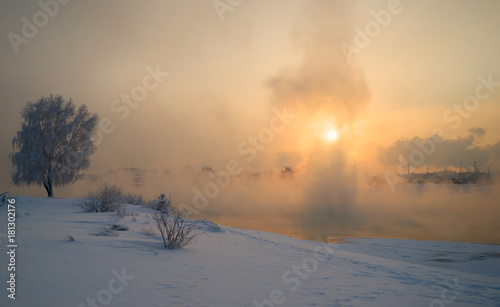 Sunset at the river Angara in town Irkutsk