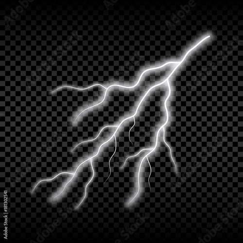 Realistic lightning. Bright electric light, thunderstorm glowing effect. Vector illustration.