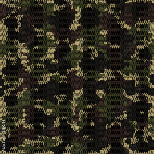 Knitted camouflage seamless pattern. Fashion design for masking and military style knit clothes. Green, brown, black, olive colors background. Vector.