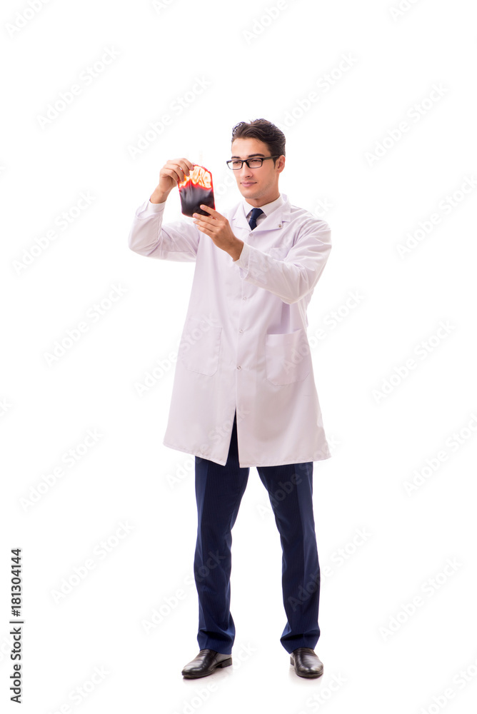 Doctor in blood donation concept isolated on white Doctor in blood donation concept isolated on white