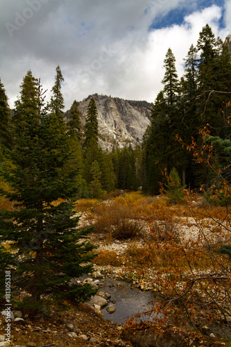 Cloudy and stormy autumn or early winter view of Sequoia and Kong’s Canyon National Park on the Tokopah Falls Trail. photo