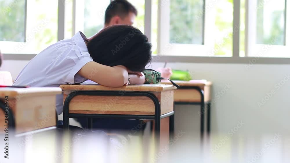 Behind Asian Girl Students In Uniform Sleeping In Examination In