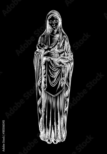 Virgin Mary holding baby Jesus. Christian and Christmas holiday template drawn in black and white illustration. Blackwork adult flesh tattoo concept. Vector.
