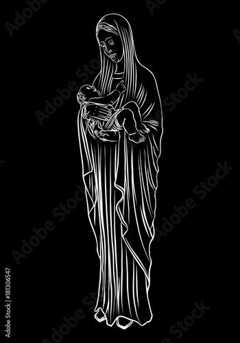 Saint Mary holding baby Jesus. Hand drawn Virgin Mary and Baby Jesus Christ nativity scene. Nativity Christmas graphics design elements. Blackwork adult flesh tattoo concept. Vector.