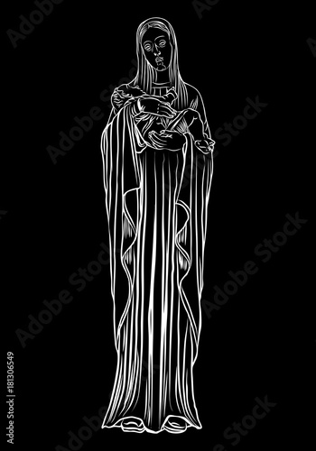 Isolated nativity scene. Mary with the young Jesus Christ in her arms. Blackwork adult flesh tattoo concept of Virgin Mary carrying the baby Jesus. Vector.