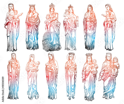 Set of Christmas nativity scene of Virgin Mary holding baby Jesus, hand drawn sketch for Christmas holiday template. Saint Mary and holy baby religious holiday scene.