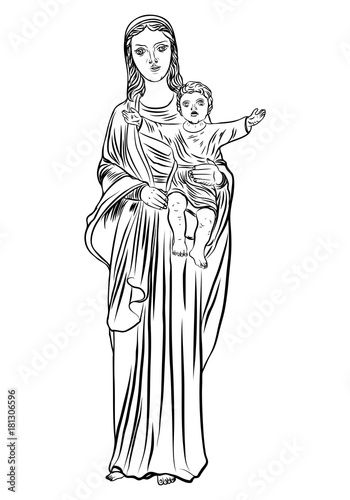 Virgin Mary tattoo art. Symbol of Christianity religion, mother of Christ. Blackwork adult flesh tattoo concept. Saint Mary with a child Jesus template concept. Vector.
