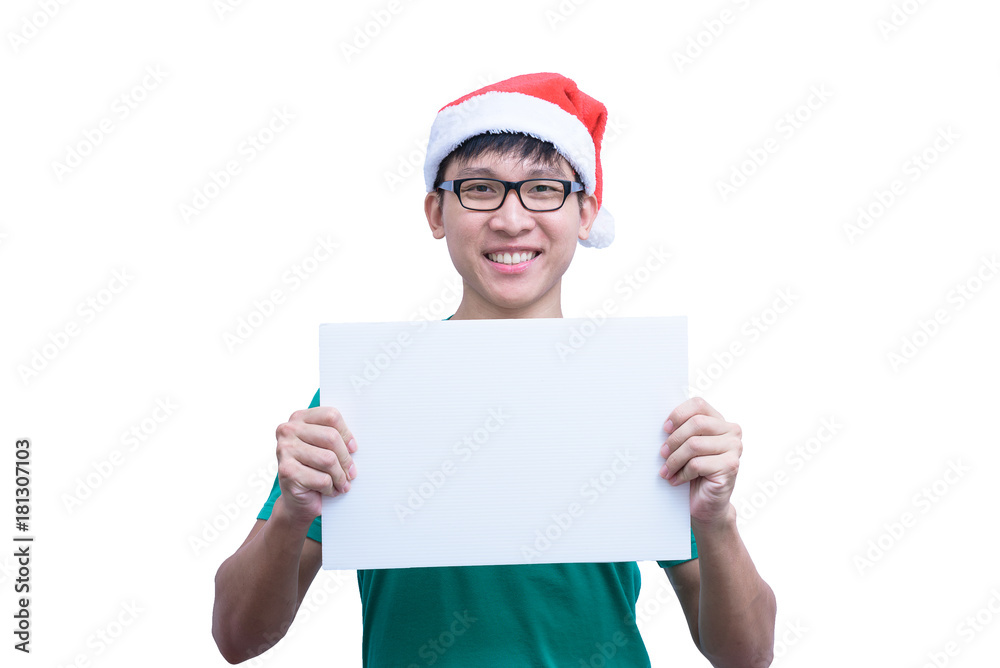 Asian Santa Claus man with eyeglasses and green shirt has holding a white blank advertisement banner isolated on white background with copy space.