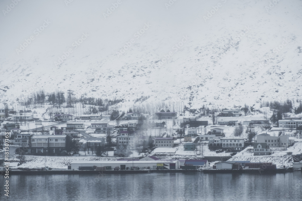 Akureyri city, Iceland in winter morning with foggy environment
