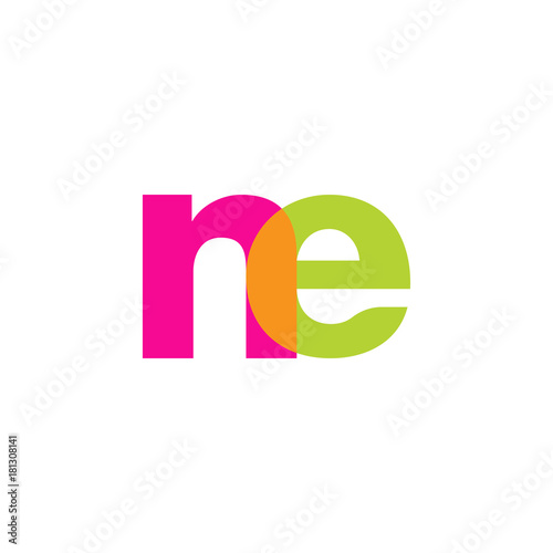 Initial letter ne, overlapping transparent lowercase logo, modern magenta orange green colors