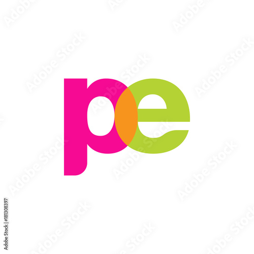 Initial letter pe, overlapping transparent lowercase logo, modern magenta orange green colors