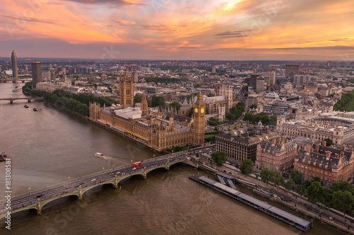Westminster Bridge and Houses of Parliament with a spectacular sunset in the background