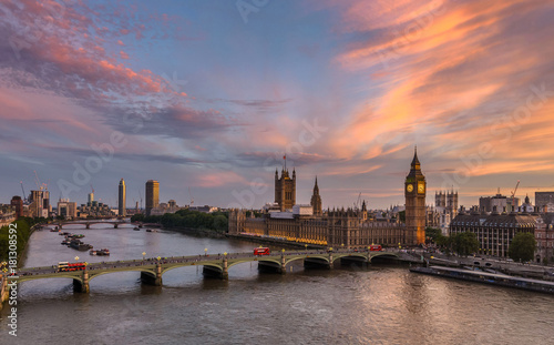 Westminster Bridge and Houses of Parliament with a spectacular sunset in the background