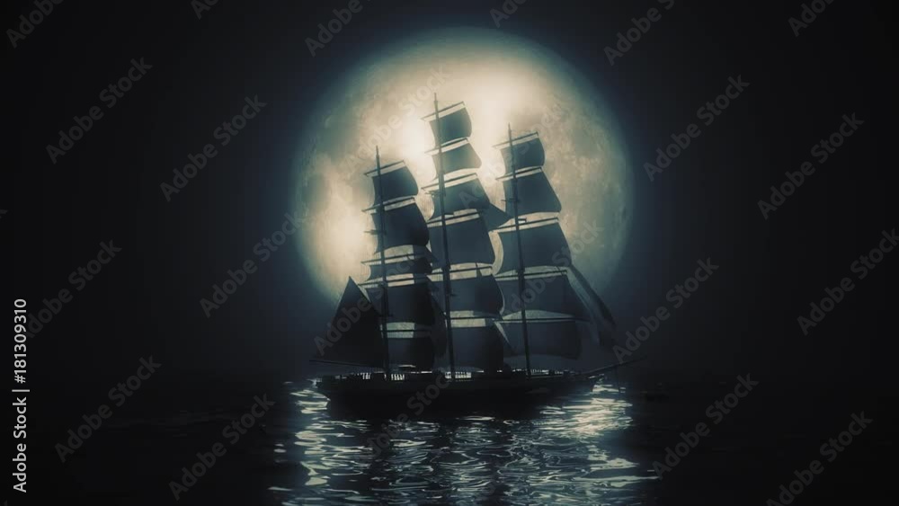 Highly stylized view of a Tall Ship illuminated by a full moon. 4K UHD. Rendered at 16-bit color depth.