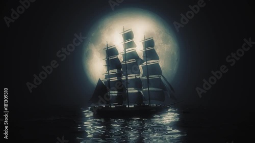 Highly stylized view of a Tall Ship illuminated by a full moon. 4K UHD. Rendered at 16-bit color depth. photo