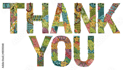 Words THANK YOU with falling leaves. Vector decorative zentangle object