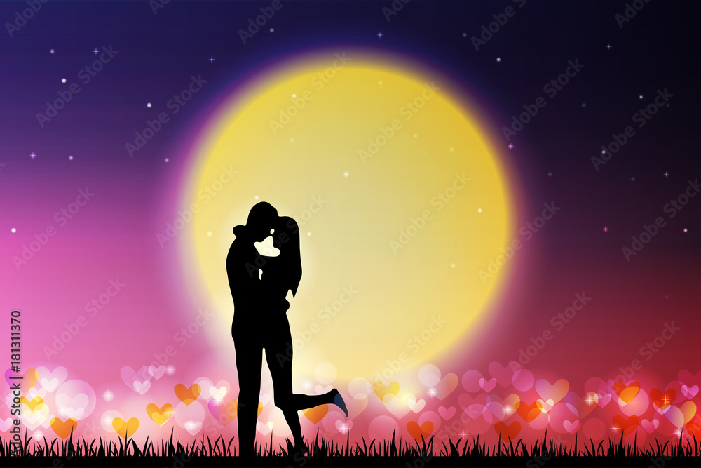 Couple love hug and kiss on night starry sky.  Valentine's day vector design concept.
