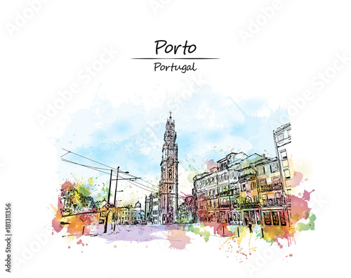 Watercolor sketch with color splash of Clerigos Tower (1763), part of Clerigos Church, is one of paradigmatic architectural landmarks of Porto, Portugal in vector illustration.