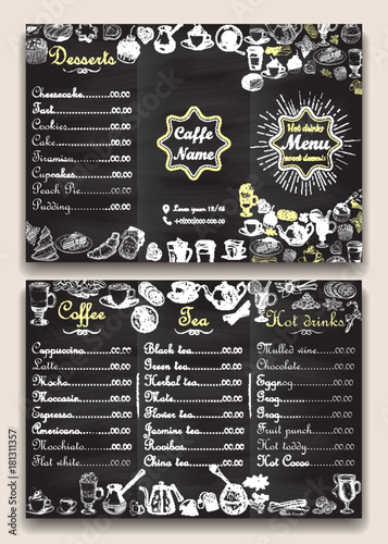 Restaurant hot drinks menu design with chalkboard background. Vector illustration template in vintage style. Hand drawn style. Hot tea, coffee, cacao