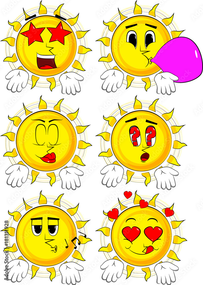 Cartoon sun showing something with both hands or expressing don't know gesture. Collection with various facial expressions. Vector set. Cartoon sun showing something with both hands or expressing don't know gesture. Collection with various facial expressions. Vector set.