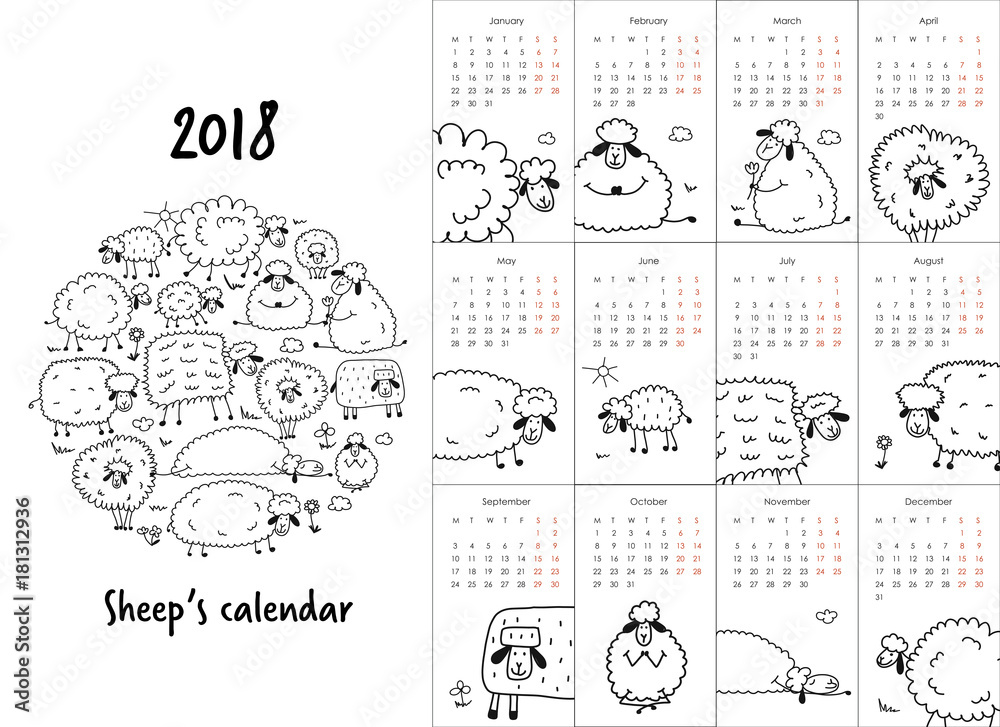 Fototapeta premium Funny sheeps family, calendar 2018 design for coloring