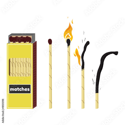Vector illustration of long fireplace matches. Burning and burnt match sticks