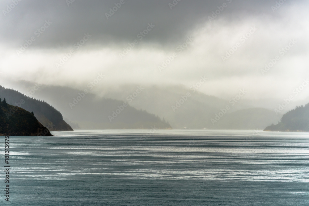 Stunning view from the ferry on the Cook strait between Wellington and Picton, New Zealand