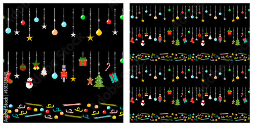 Christmas or new year elements seamless pattern. Single pattern is shown in the left. The example of assembly seamless is shown in the right.