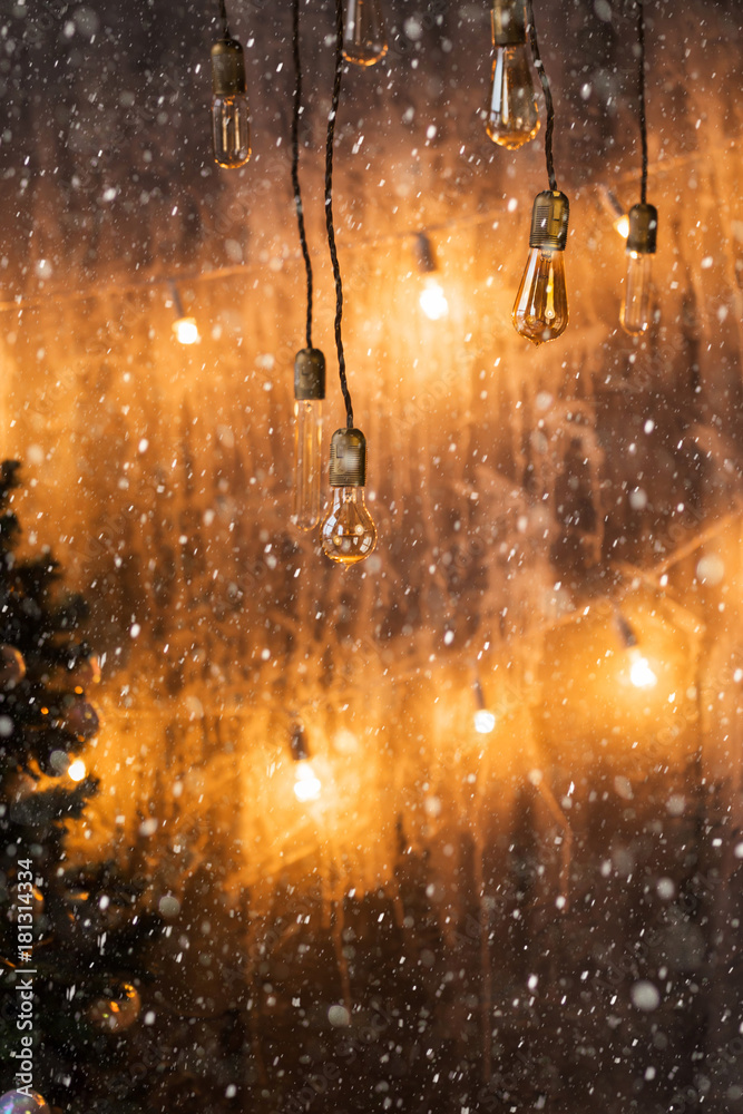 Christmas tree background, bright hanging lamp, New year. holiday