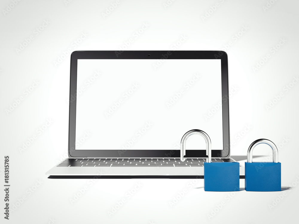 Opened and closed padlocks with laptop. 3d rendering Opened and closed padlocks with laptop. 3d rendering