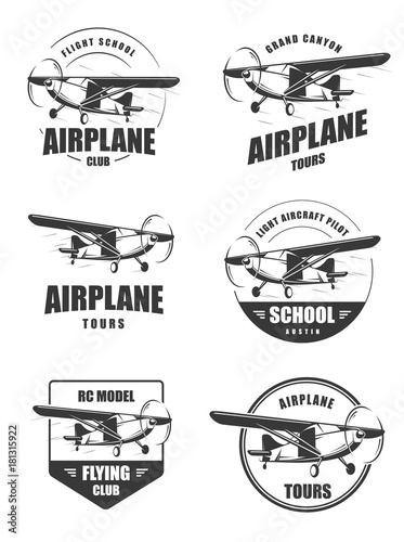Light airplane related emblems. Set of vintage airplane emblems, badges and icons. Isolated lite airplane side view. photo